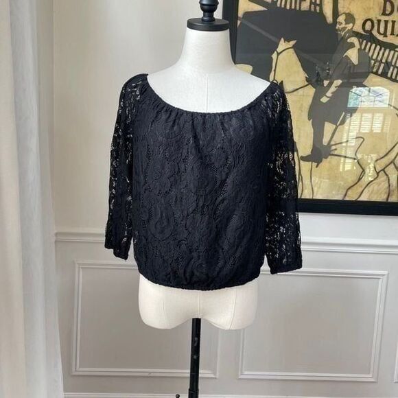 Cupcakes and Cashmere Cropped Lace Blouson Top Black S NWOT - Picture 1 of 7